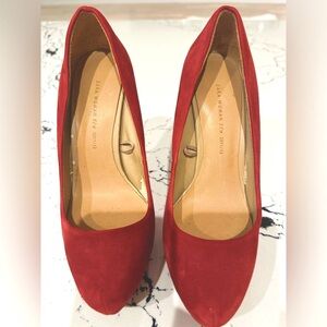 Red suede look high heel platform pumps